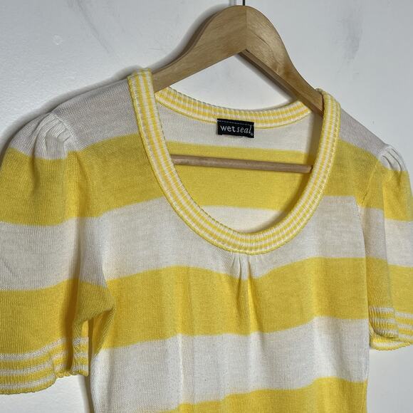 Y2K Vintage Wet Seal Striped Sweater Top Yellow Womens Small Preppy Collegiate - Picture 2 of 6